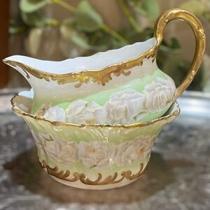 AntiqueT & V Limoges France c1910 White Roses Creamer & Sugar Set Green Gold